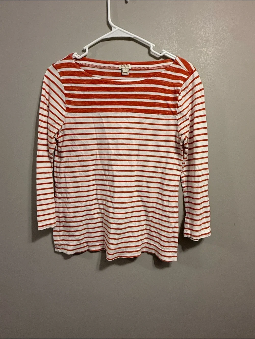 J. Crew White and Orange Striped 3/4 length Sleeve Tee